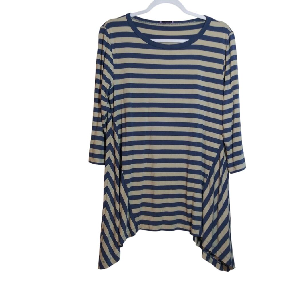 Mountain Mamas  Nantucket Tunic Top Blue Gray Stripe  Casual Stretchy Size L/XL